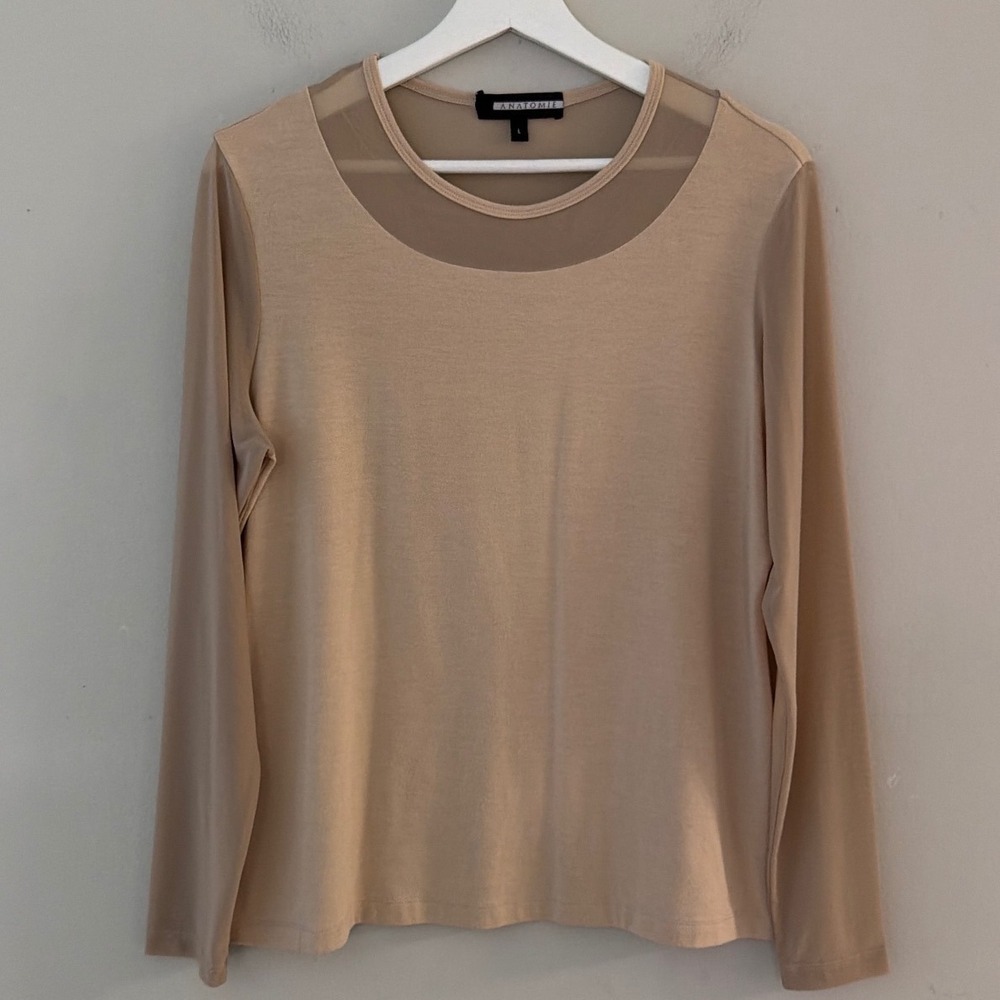 Anatomie Womens Large Beige Mesh Panel Long Sleeve Top Made in Hungary